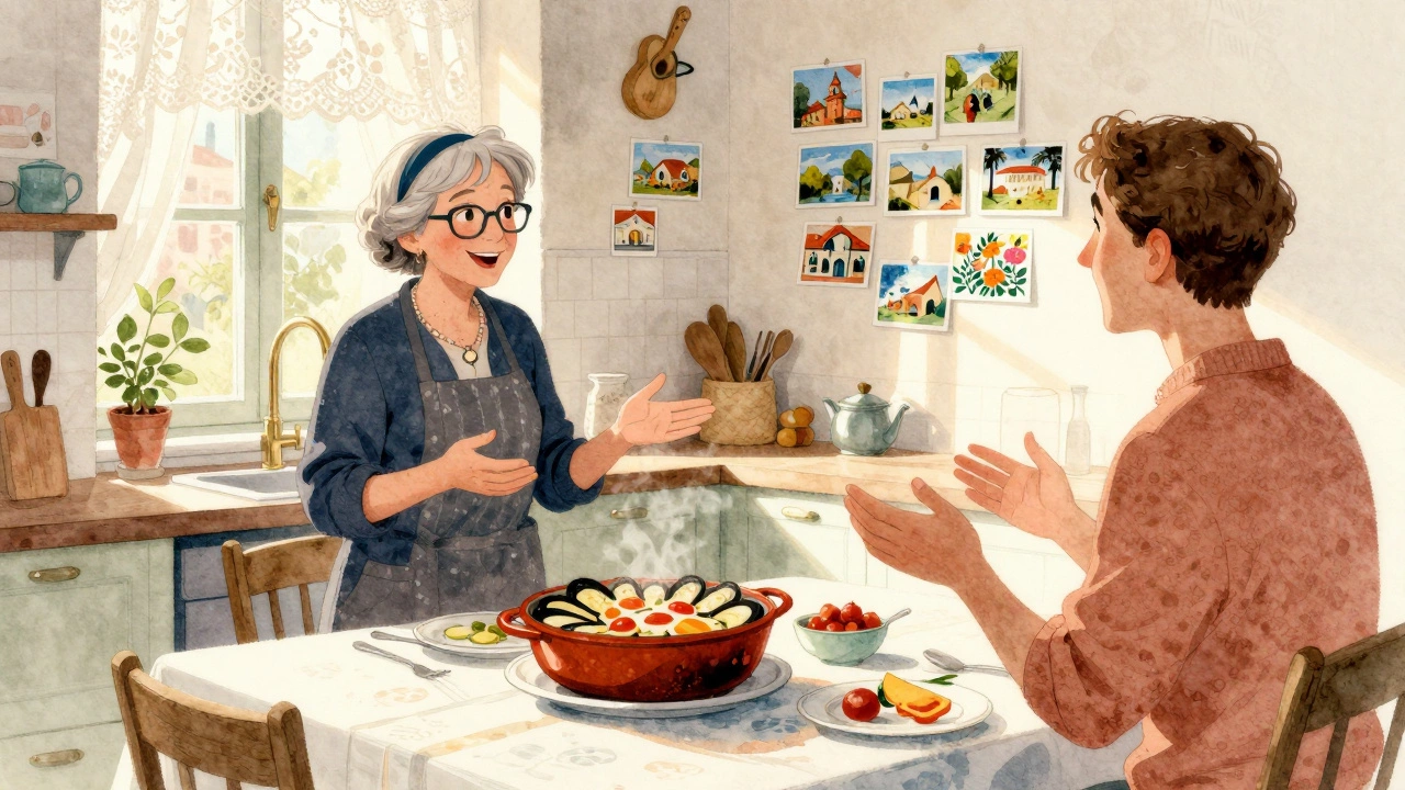 A French teacher and a visitor enjoying homemade ratatouille in a cozy Lyon kitchen, postcards on the wall.