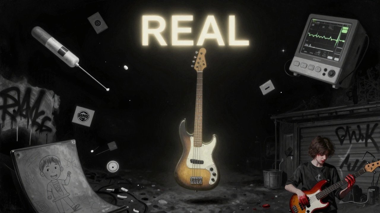 A glowing bass guitar floats in darkness, surrounded by fragments of Dee Dee’s life and legacy.