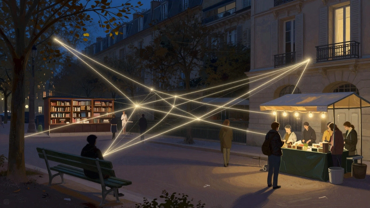 Abstract network of glowing threads connecting Parisian spots where people form unplanned, unpaid bonds.