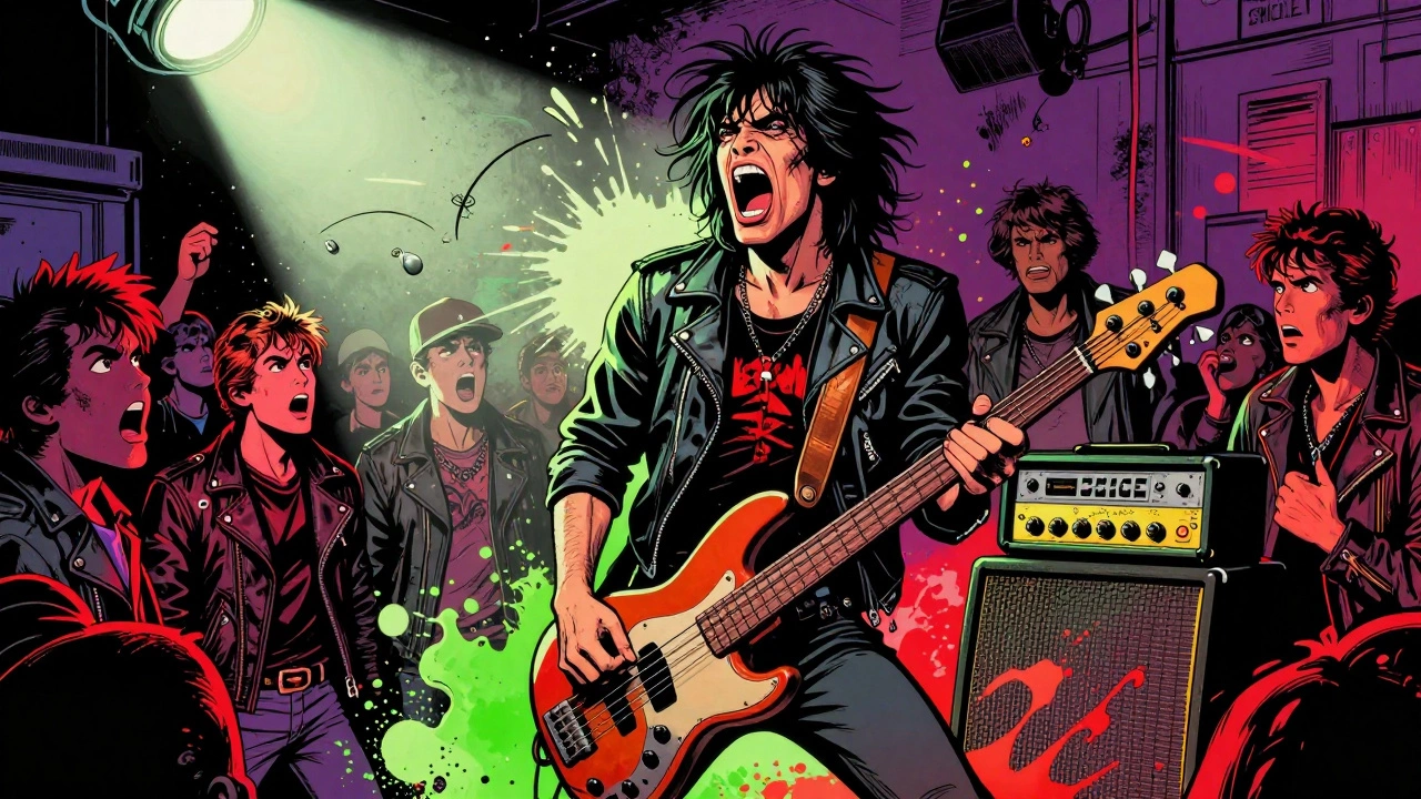 Dee Dee Ramone screaming on stage at CBGB, bass in hand, punk crowd wild around him.